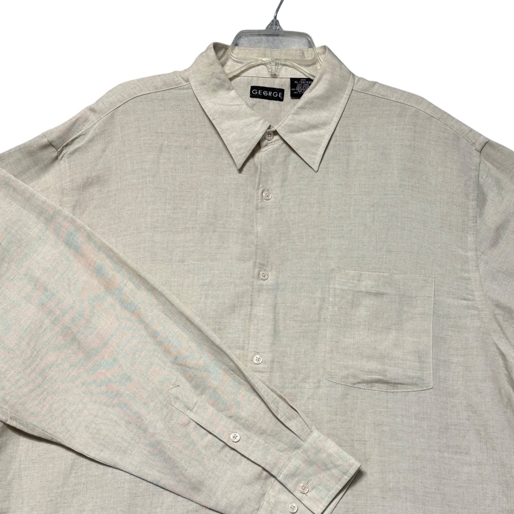 George Mens XL Linen Blend Button Down Shirt Tan Long Sleeve Relaxed Fit Pocket